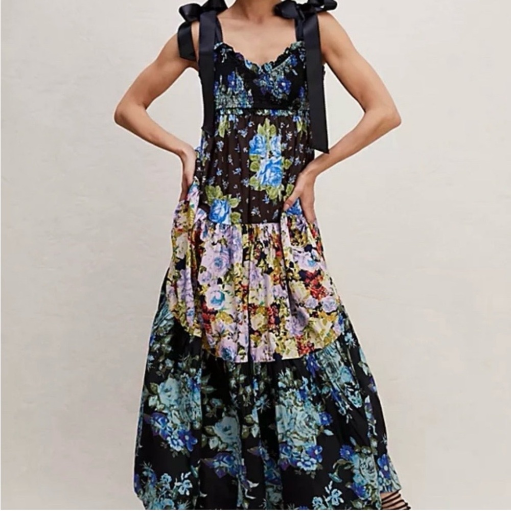 Free People Black Floral Tiered Maxi Dress with Blue & Green Blooms